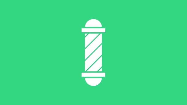 White Classic Barbeiro ícone pólo loja isolado no fundo verde. Símbolo do poste da barbearia. Animação gráfica em movimento de vídeo 4K — Vídeo de Stock