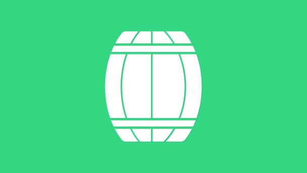 白色木桶图标隔离在绿色背景。酒桶，酒瓶，啤酒，威士忌，酒的木桶。4K视频运动图形动画 — 图库视频影像