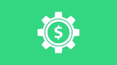 Yeşil arka planda dolar sembolü olan beyaz dişli. İş ve finans kavramsal ikonu. 4K Video hareketli grafik canlandırması