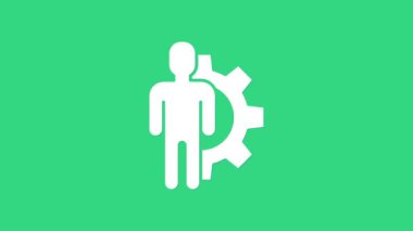 Beyaz insan, yeşil arka planda izole edilmiş ikonun içindeki ekipmana sahip. Yapay zeka. Beyin işaretini düşünüyorum. Beynin sembol çalışması. 4K Video hareketli grafik canlandırması