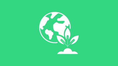 Beyaz Dünya küresi ve bitki ikonu yeşil arka planda izole edildi. Dünya ya da Dünya işareti. Geometrik şekiller. Çevresel konsept. 4K Video hareketli grafik canlandırması