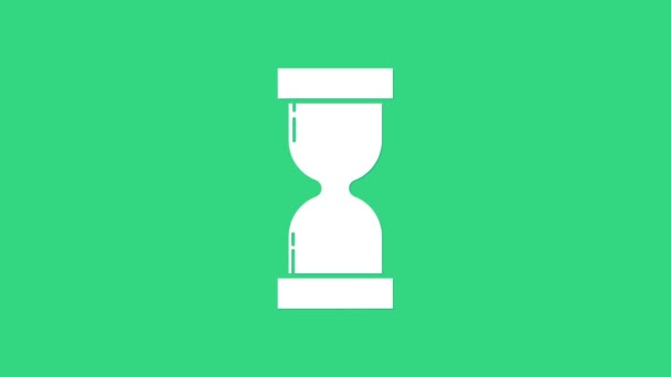 Clessidra bianca Vecchia con icona di sabbia fluente isolata su sfondo verde. Segnale dell'orologio di sabbia. Concetto di gestione aziendale e temporale. Animazione grafica 4K Video motion — Video Stock