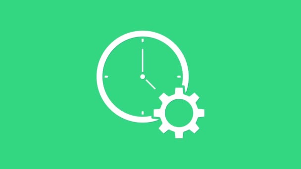 White Time Management icon isolated on green background. Clock and gear sign. Productivity symbol. 4K Video motion graphic animation — Stock Video