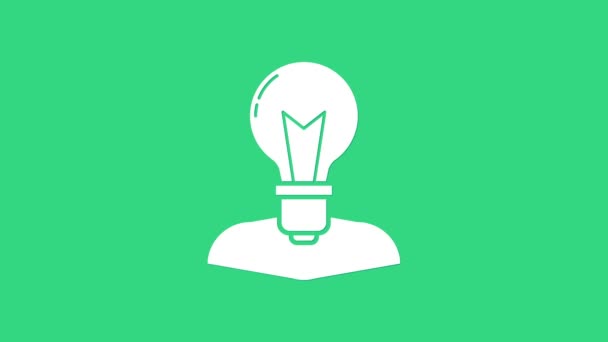 Cabeça humana branca com lâmpada ícone isolado no fundo verde. Animação gráfica em movimento de vídeo 4K — Vídeo de Stock