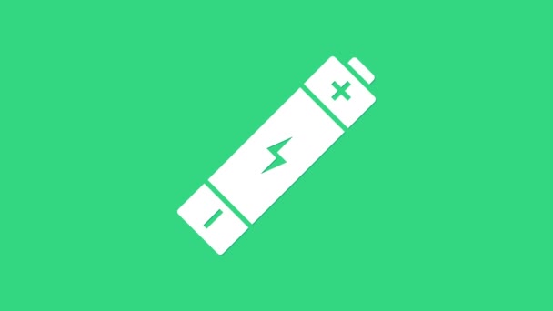 Vit Batteri ikon isolerad på grön bakgrund. Blixt bult symbol. 4K Video motion grafisk animation — Stockvideo