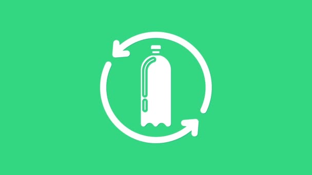 Bianco Riciclaggio icona bottiglia di plastica isolata su sfondo verde. Animazione grafica 4K Video motion — Video Stock