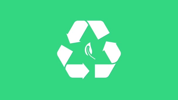 Blanco Reciclar símbolo e icono de la hoja aislado sobre fondo verde. El medio ambiente reciclable se vuelve verde. Animación gráfica de vídeo 4K — Vídeos de Stock