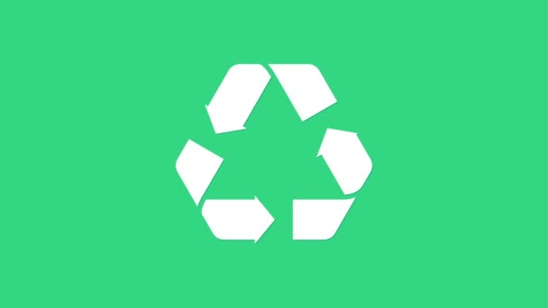 Biały symbol recyklingu ikona izolowana na zielonym tle. Okrągła ikona strzałek. Środowisko nadające się do recyklingu staje się zielone. 4K Animacja graficzna ruchu wideo — Wideo stockowe