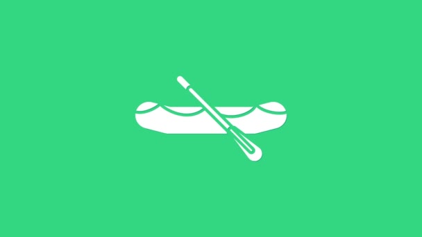 Beyaz Rafting tekne simgesi yeşil arka planda izole edildi. Kürekleri olan şişme bir tekne. Su sporları, ekstrem sporlar, tatil, tatil. 4K Video hareketli grafik canlandırması — Stok video