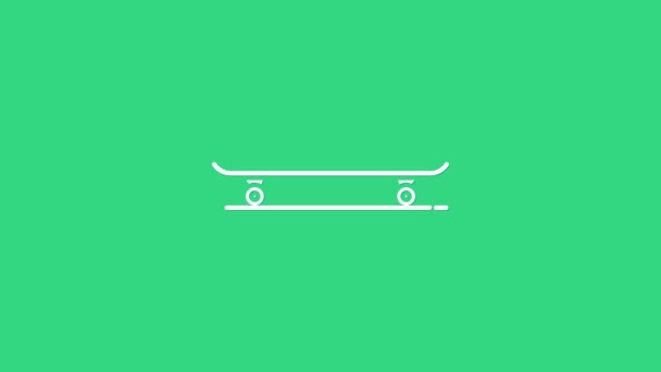 Ícone de skate branco isolado no fundo verde. Desporto extremo. Equipamento desportivo. Animação gráfica em movimento de vídeo 4K — Vídeo de Stock