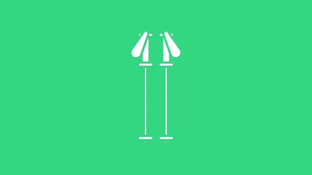 White Ski poles icon isolated on green background. Extreme sport. Skiing equipment. Winter sports icon. 4K Video motion graphic animation — Stock Video