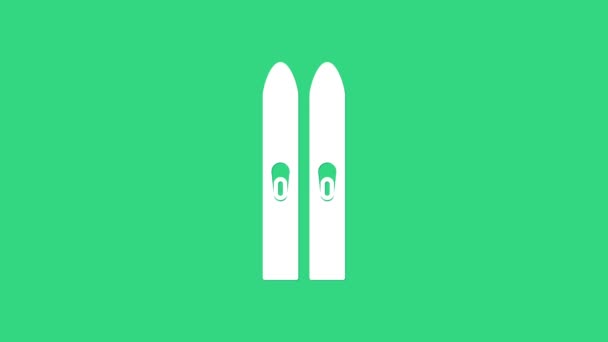 Esquí blanco y palos icono aislado sobre fondo verde. Deporte extremo. Equipo de esquí. Icono de deportes de invierno. Animación gráfica de vídeo 4K — Vídeos de Stock