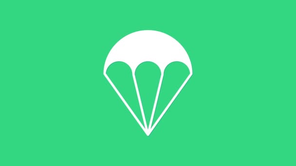 Weißes Fallschirmsymbol isoliert auf grünem Hintergrund. Extremsport. Sportgeräte. 4K Video Motion Grafik Animation — Stockvideo