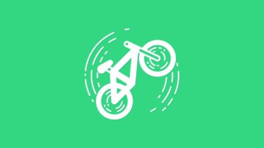 Beyaz bisiklet numarası simgesi yeşil arkaplanda izole edildi. Bisiklet yarışı. Olağanüstü bir spor. Spor malzemeleri. 4K Video hareketli grafik canlandırması