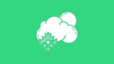 Yeşil zemin üzerinde kar ve güneş ikonu olan beyaz bulut. Kar taneli bulut. Tek hava ikonu. Kar tabelası. 4K Video hareketli grafik canlandırması