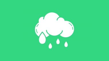 Yeşil arka planda izole edilmiş yağmur ikonu olan beyaz bulut. Yağmur damlaları ile yağmur bulutu yağışı. 4K Video hareketli grafik canlandırması