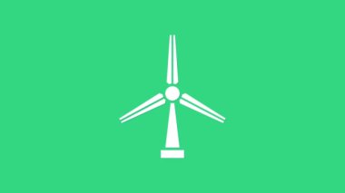 Beyaz Rüzgar türbini simgesi yeşil arkaplanda izole edildi. Rüzgar jeneratörü işareti. Elektrik üretimi için yel değirmeni. 4K Video hareketli grafik canlandırması