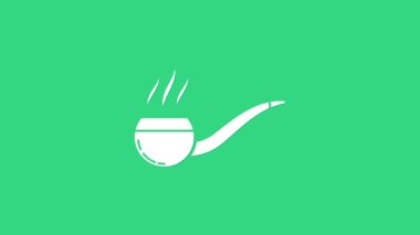 Yeşil arka planda izole edilmiş duman simgesi olan beyaz sigara piposu. Tütün piposu. 4K Video hareketli grafik canlandırması