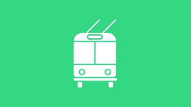 Beyaz Trolleybus simgesi yeşil arkaplanda izole edildi. Toplu taşıma sembolü. 4K Video hareketli grafik canlandırması