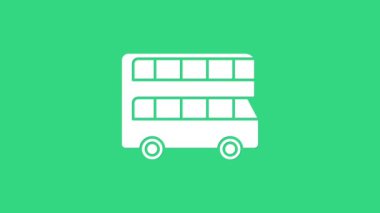 Beyaz çift katlı otobüs simgesi yeşil arkaplanda izole edildi. Londra klasik yolcu otobüsü. Toplu taşıma sembolü. 4K Video hareketli grafik canlandırması