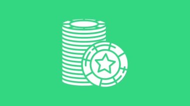 Beyaz Kumarhane çipleri simgesi yeşil arka planda izole edildi. Kumarhane kumarı. 4K Video hareketli grafik canlandırması