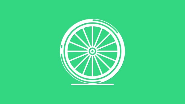 White Bicycle wheel icon isolated on green background. Bike race. Extreme sport. Sport equipment. 4K Video motion graphic animation — Stock Video