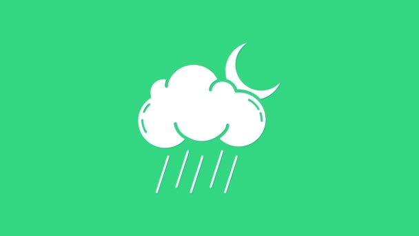 White Cloud with rain and moon icon isolated on green background. Rain cloud precipitation with rain drops. 4K Video motion graphic animation — Stock Video