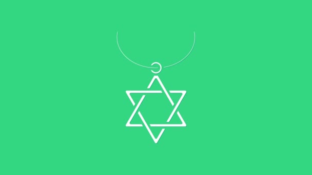 Collar Estrella Blanca de David en el icono de la cadena aislado sobre fondo verde. Símbolo religioso judío. Símbolo de Israel. Joyería y accesorio. Animación gráfica de vídeo 4K — Vídeo de stock