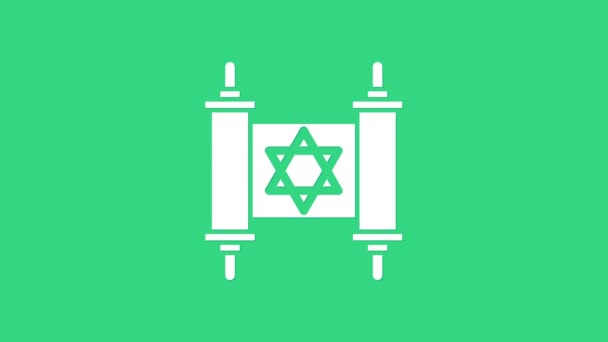 Icône de défilement Torah blanche isolée sur fond vert. Torah juive sous une forme élargie. Symbole étoile de David. Vieux parchemin de parchemin. Animation graphique de mouvement vidéo 4K — Video