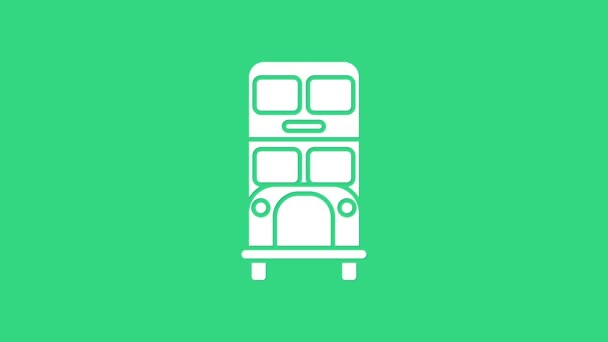 Белый значок автобуса Double Dicker выделен на зеленом фоне. Лондон классический пассажирский автобус. Символ общественного транспорта. Видеографическая анимация 4K — стоковое видео