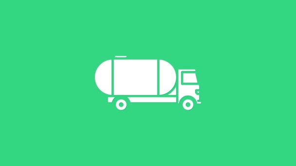 Icono del camión cisterna blanco aislado sobre fondo verde. Petrolero, camión de gasolina, cisterna, remolque de petróleo. Animación gráfica de vídeo 4K — Vídeo de stock