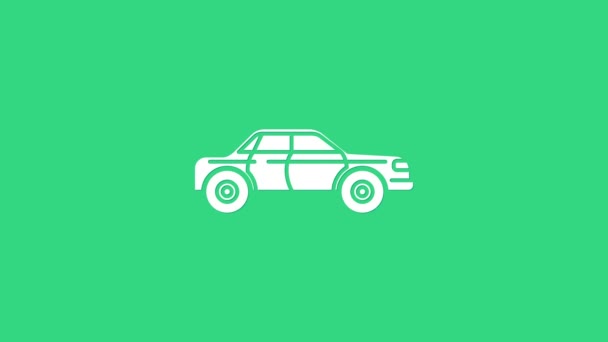 緑の背景に隔離されたホワイトセダンの車のアイコン。4Kビデオモーショングラフィックアニメーション — ストック動画