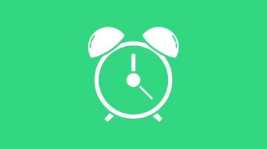 Yeşil arkaplanda beyaz alarm saat simgesi izole. Uyan, kalk konsepti. Zaman işareti. 4K Video hareketli grafik canlandırması