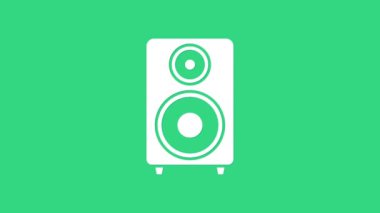Beyaz Stereo hoparlörü simgesi yeşil arkaplanda izole edildi. Ses sistemi hoparlörleri. Müzik ikonu. Müzikal sütun hoparlörü. 4K Video hareketli grafik canlandırması