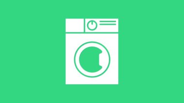 Beyaz Yıkama simgesi yeşil arka planda izole edildi. Çamaşır makinesi simgesi. Çamaşır makinesi, çamaşır makinesi. Ev aletleri sembolü. 4K Video hareketli grafik canlandırması