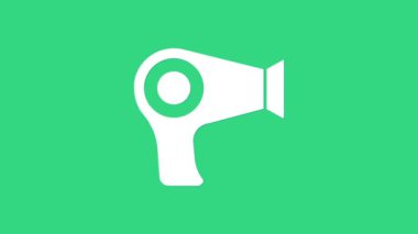 Beyaz saç kurutma ikonu yeşil arka planda izole edildi. Saç kurutma makinesi tabelası. Saç kurutma sembolü. Sıcak hava üflüyor. 4K Video hareketli grafik canlandırması