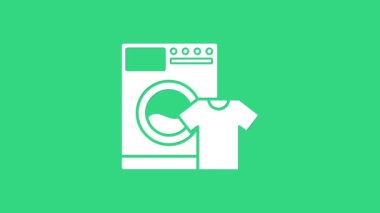 Beyaz Yıkama ve tişört ikonu yeşil arka planda izole edilmiş. Çamaşır makinesi simgesi. Çamaşır makinesi, çamaşır makinesi. Ev aletleri sembolü. 4K Video hareketli grafik canlandırması