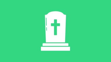 Yeşil arka planda çapraz simgesi olan Beyaz Tombstone. Mezar ikonu. 4K Video hareketli grafik canlandırması