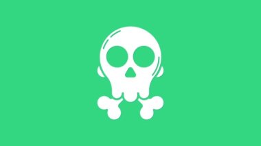 Çapraz kemik simgesindeki Beyaz Kafatası yeşil arka planda izole edildi. Mutlu Cadılar Bayramı Partisi. 4K Video hareketli grafik canlandırması