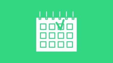 Yeşil arkaplanda beyaz Ayrıntılı takvim simgesi izole edildi. Olay takvimi. 4K Video hareketli grafik canlandırması