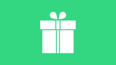 Yeşil arkaplanda beyaz hediye kutusu simgesi izole edildi. 4K Video hareketli grafik canlandırması