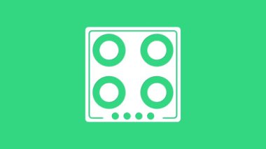 Yeşil arka planda beyaz gaz sobası simgesi izole edildi. Mutfak tabelaları. Dört daire ocağı olan bir hob. 4K Video hareketli grafik canlandırması