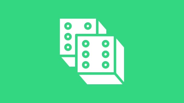 Λευκό εικονίδιο ζάρια παιχνίδι απομονώνονται σε πράσινο φόντο. Τζόγος. 4K Γραφική κίνηση κίνησης βίντεο — Αρχείο Βίντεο