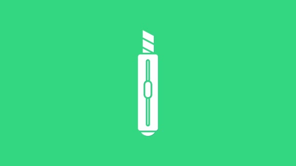Icona coltello cancelleria bianco isolato su sfondo verde. Tagliacarte da ufficio. Animazione grafica 4K Video motion — Video Stock