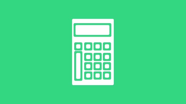 Witte Calculator pictogram geïsoleerd op groene achtergrond. Boekhoudkundig symbool. Bedrijfsberekeningen wiskunde onderwijs en financiën. 4K Video motion grafische animatie — Stockvideo