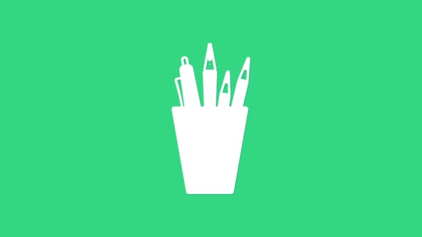 Fehér ceruza tok írószer ikon elszigetelt zöld alapon. Ceruza, toll, vonalzó egy pohárban az irodába. 4K Videó mozgás grafikus animáció — Stock videók