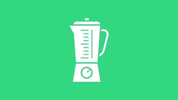Icono Blender blanco aislado sobre fondo verde. Cocina eléctrica licuadora estacionaria con tazón. Cocinar batidos, cócteles o jugos. Animación gráfica de vídeo 4K — Vídeo de stock