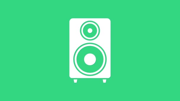 화이트 스테레오 스피커 아이콘은 녹색 배경에 분리되어 있다. 소리 시스템 스피커. 음악 아이콘. 뮤지컬 스피커 베이스 장비. 4K 비디오 모션 그래픽 애니메이션 — 비디오
