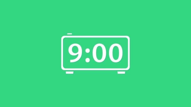 Белый цифровой будильник значок изолирован на зеленом фоне. Электронный часы будильник. Значок времени. Видеографическая анимация 4K — стоковое видео