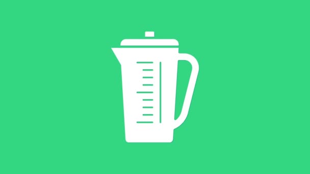 화이트 측정 컵은 마르고 액체로 된 음식 아이콘을 녹색 배경에 분리 한 것을 측정하기 위한 것이다. 플라스틱으로 졸업 한 비커에 손잡이가 달렸어. 4K 비디오 모션 그래픽 애니메이션 — 비디오